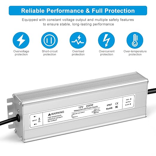 200W Outdoor Waterproof Power Supplies, 12V/24V/36V/48V Output, 90-140V / 175-265V Input, Single Output, Aluminum Housing, Outdoor Lighting Projects, CE/RoHS/FCC Certified, US/UK/EU Plug, 1-Pack / 10-Pack