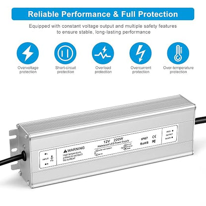200W Outdoor Waterproof Power Supplies, 12V/24V/36V/48V Output, 90-140V / 175-265V Input, Single Output, Aluminum Housing, Outdoor Lighting Projects, CE/RoHS/FCC Certified, US/UK/EU Plug, 1-Pack / 10-Pack