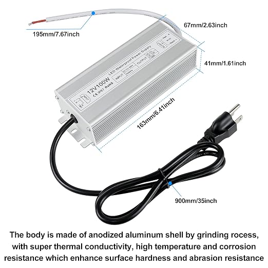 100W Outdoor Waterproof Power Supplies, 12V/24V/36V/48V Output, 90-265V / 90-140V / 175-265V Input, Single Output, Aluminum Housing, Outdoor Lighting Projects, CE/RoHS/FCC Certified, US/UK/EU Plug, 1-Pack / 10-Pack