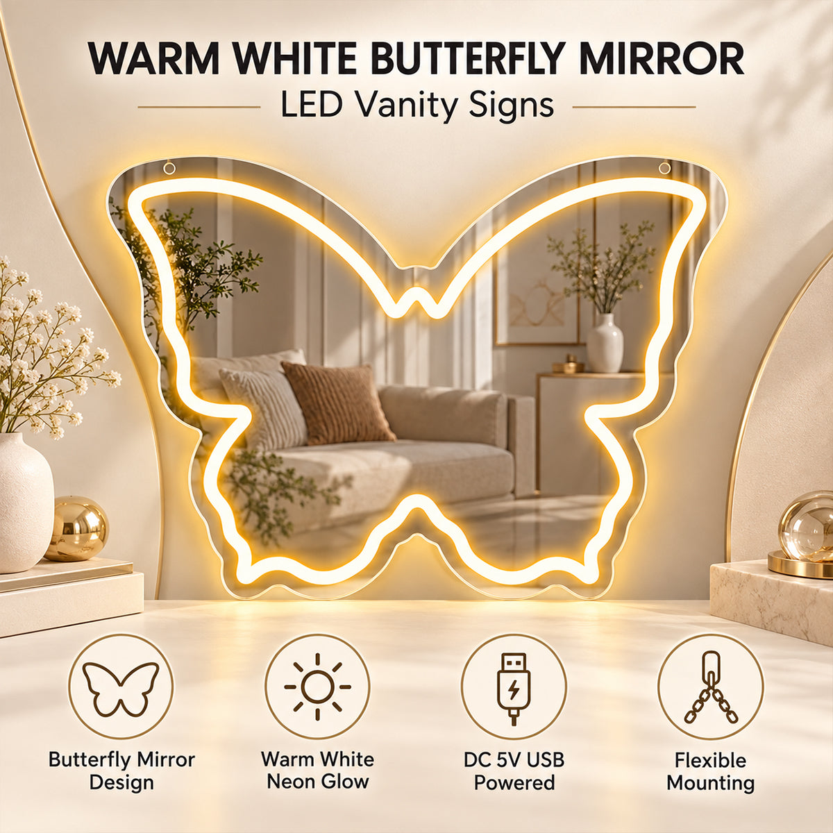 Warm White Butterfly LED Vanity Signs – 15.7×12 inch  Neon Outline | USB Powered | Perfect for Vanity Decor