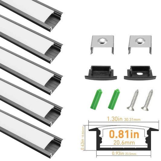 U Shape LED Channel - U03-A 20mm Silver / Black Aluminum Profile | Milky White Cover | Heavy-Duty LED Mounting Track – 1m / 2m / 3m | 50 / 100-Pack