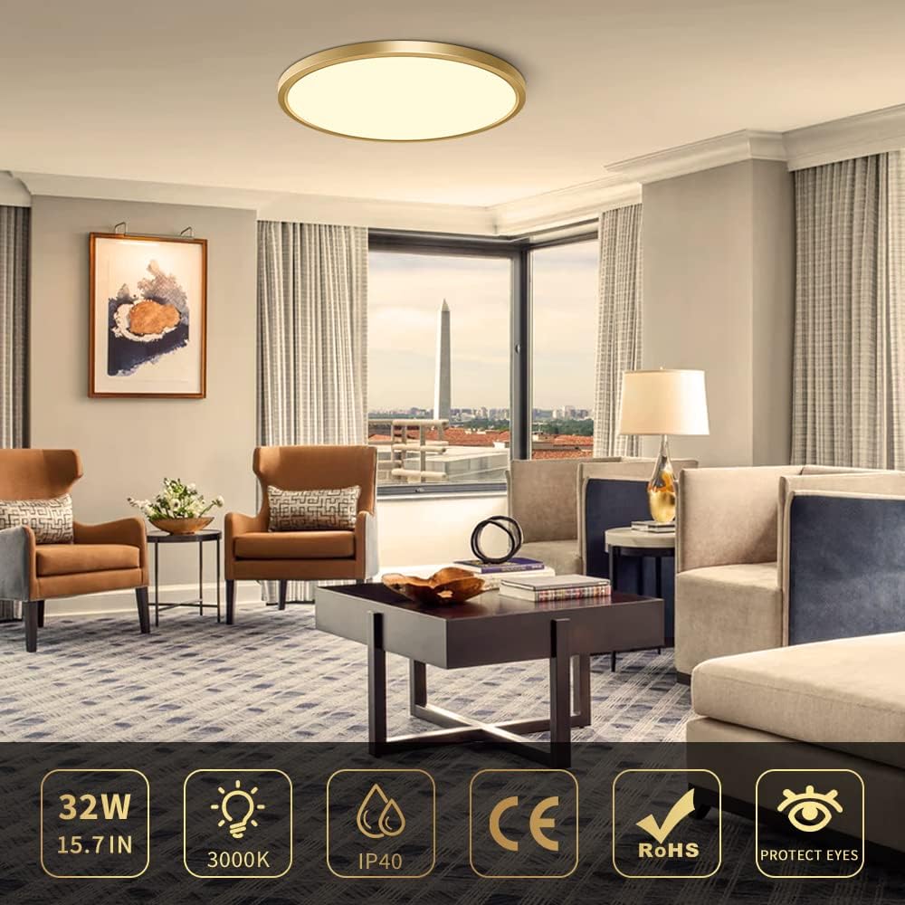 AC 110–130V Gold Round Flush Mount LED Ceiling Light – 18 / 24 / 32 Inch – 3000K / 4500K / 5000K / 6500K – for Residential & Commercial Lighting – Local Stock (US)