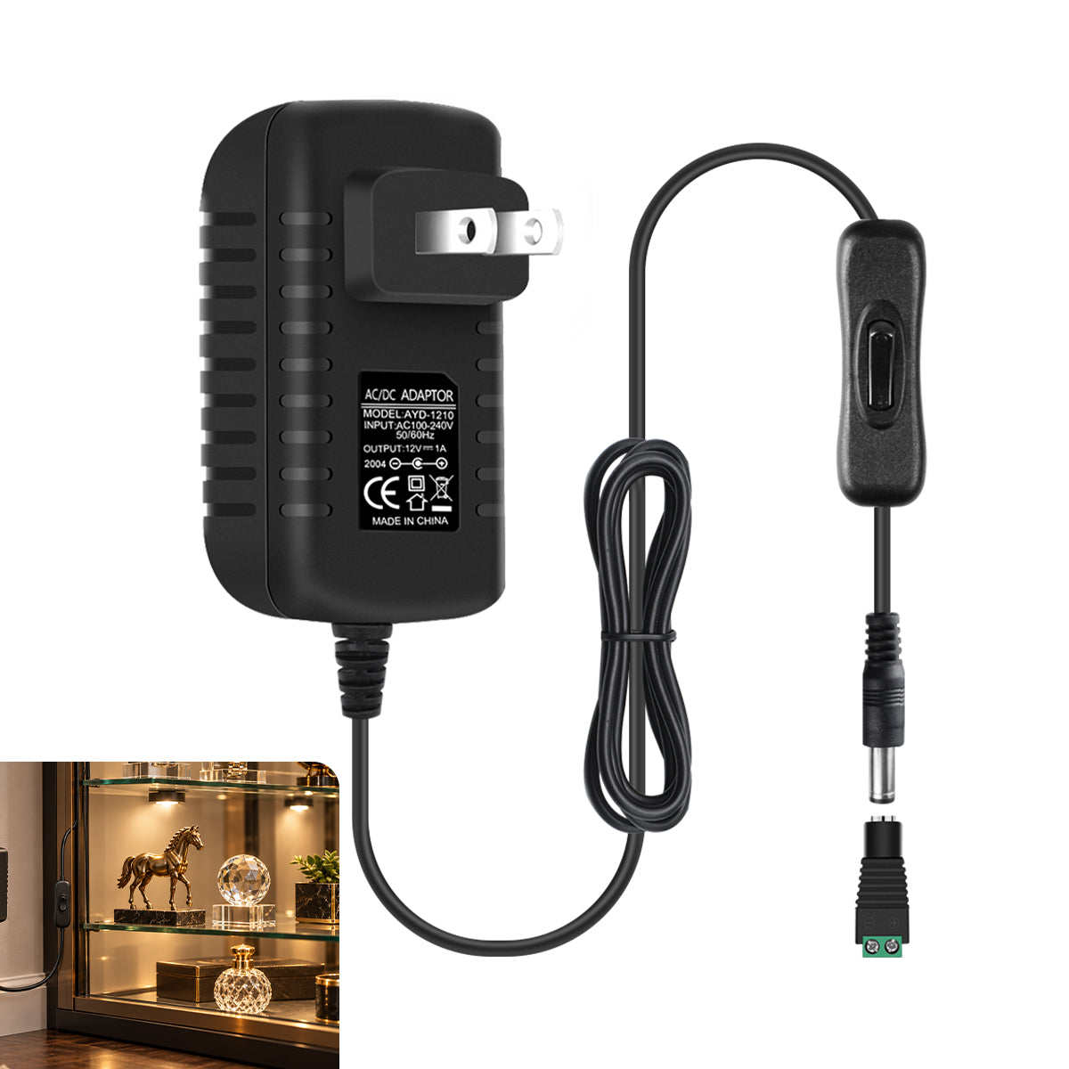 DC 12V Wall Plug LED Adapter with On/Off Switch, 12W/24W/36W Options, US Plug, Black/White Housing, 100–240V AC Input Wall Plug LED Adapter - for LED Strip Lights, CCTV and Electronics