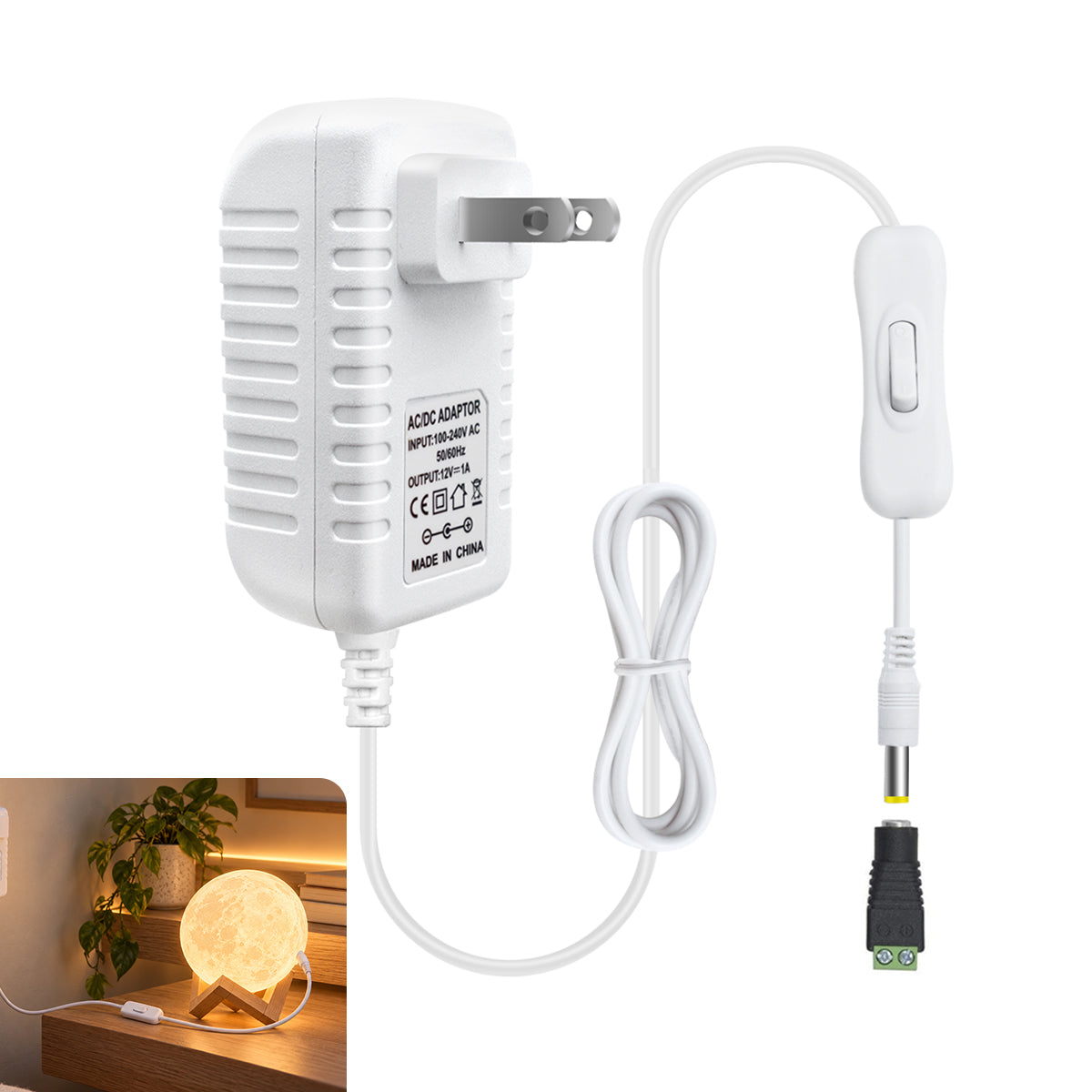 DC 12V Wall Plug LED Adapter with On/Off Switch, 12W/24W/36W Options, US Plug, Black/White Housing, 100–240V AC Input Wall Plug LED Adapter - for LED Strip Lights, CCTV and Electronics