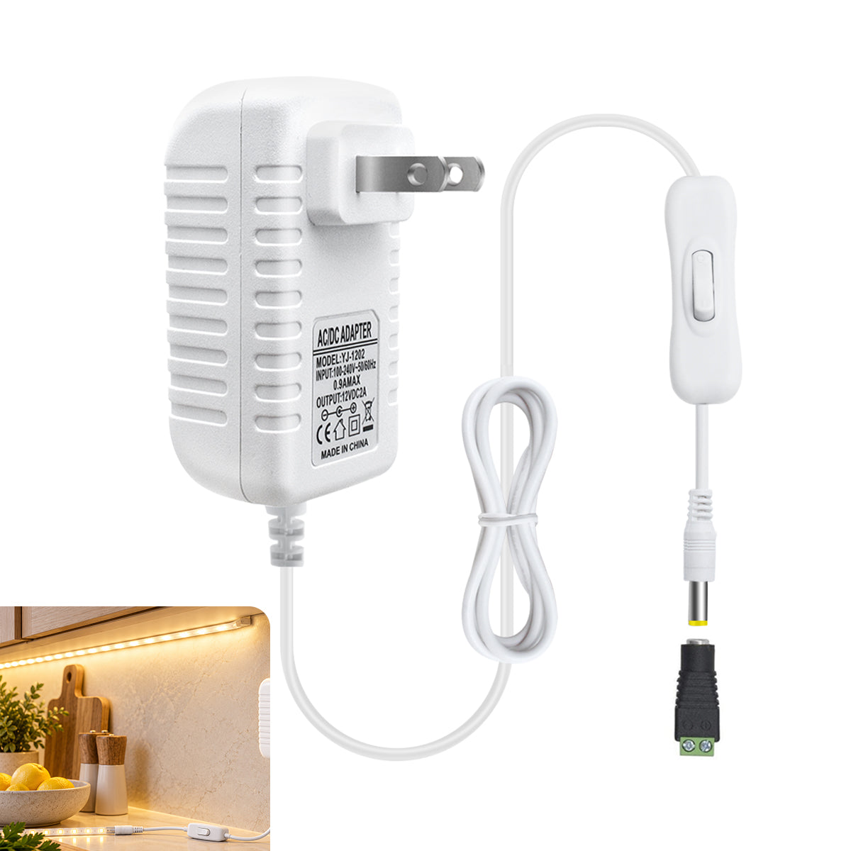 DC 12V Wall Plug LED Adapter with On/Off Switch, 12W/24W/36W Options, US Plug, Black/White Housing, 100–240V AC Input Wall Plug LED Adapter - for LED Strip Lights, CCTV and Electronics