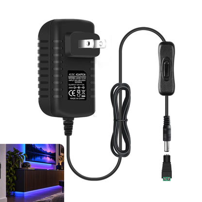 DC 12V Wall Plug LED Adapter with On/Off Switch, 12W/24W/36W Options, US Plug, Black/White Housing, 100–240V AC Input Wall Plug LED Adapter - for LED Strip Lights, CCTV and Electronics
