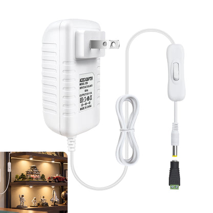 DC 12V Wall Plug LED Adapter with On/Off Switch, 12W/24W/36W Options, US Plug, Black/White Housing, 100–240V AC Input Wall Plug LED Adapter - for LED Strip Lights, CCTV and Electronics