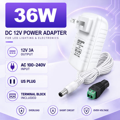 DC 12V Wall Plug LED Adapter with On/Off Switch, 12W/24W/36W Options, US Plug, Black/White Housing, 100–240V AC Input Wall Plug LED Adapter - for LED Strip Lights, CCTV and Electronics