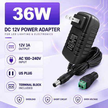 DC 12V Wall Plug LED Adapter with On/Off Switch, 12W/24W/36W Options, US Plug, Black/White Housing, 100–240V AC Input Wall Plug LED Adapter - for LED Strip Lights, CCTV and Electronics