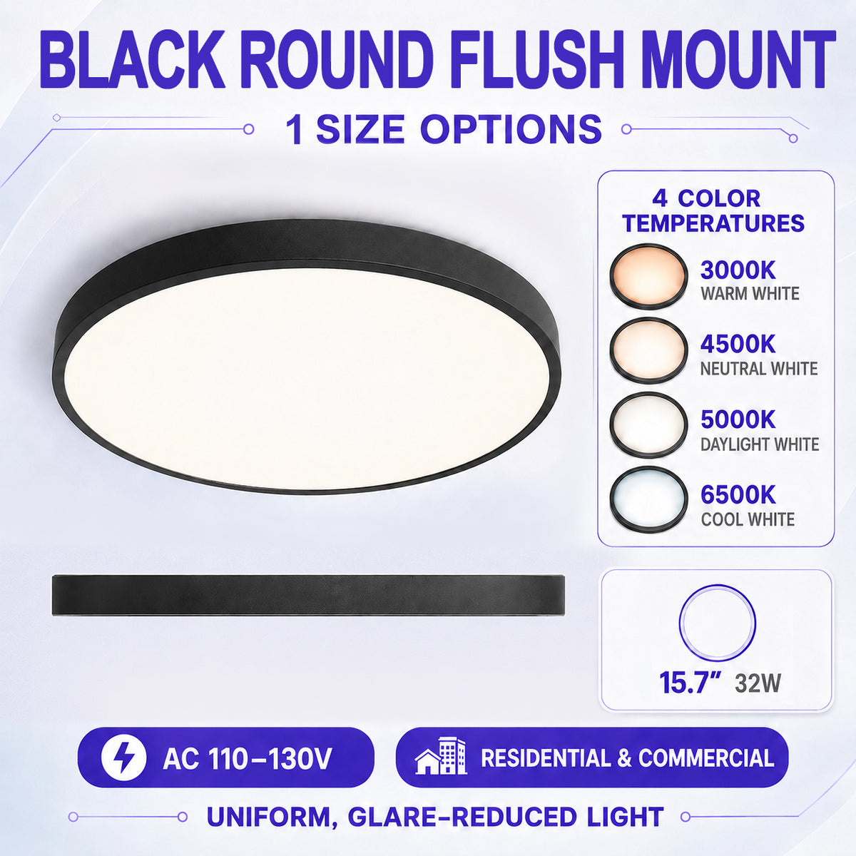 AC 110–130V Black Round Flush Mount LED Ceiling Lights – 15.7 Inch – 3000K / 4500K / 5000K / 6500K – for Residential & Commercial Lighting – Local Stock (US)