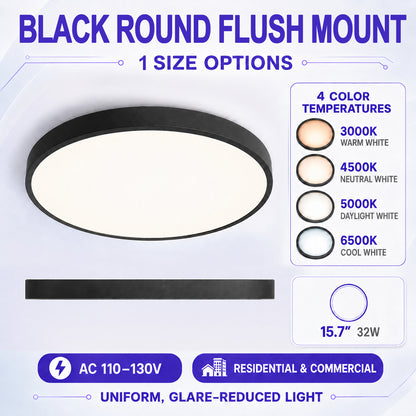 AC 110–130V Black Round Flush Mount LED Ceiling Lights – 15.7 Inch – 3000K / 4500K / 5000K / 6500K – for Residential & Commercial Lighting – Local Stock (US)