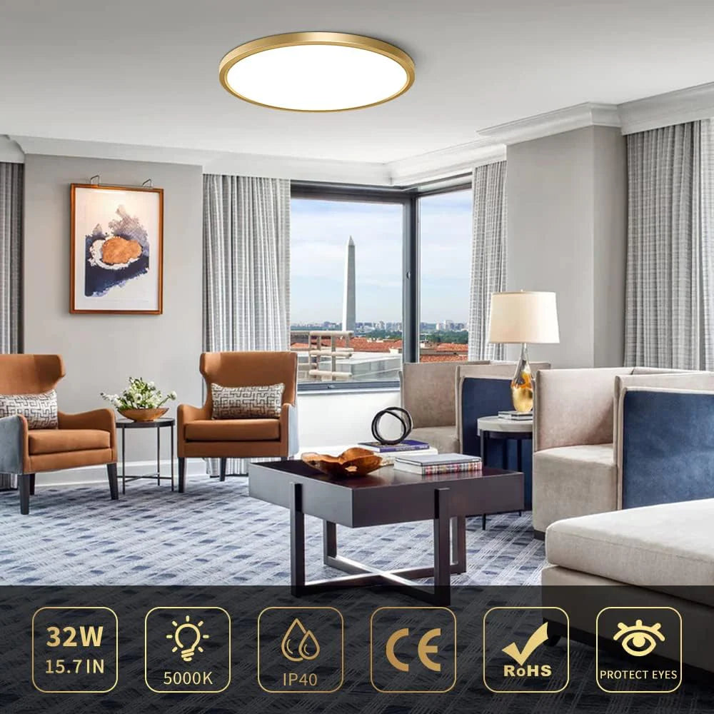 AC 110–130V Gold Round Flush Mount LED Ceiling Light – 18 / 24 / 32 Inch – 3000K / 4500K / 5000K / 6500K – for Residential & Commercial Lighting – Local Stock (US)