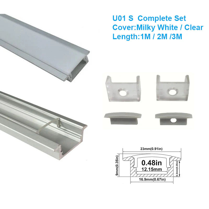 U Shape LED Channel - U01-A 12mm | Silver / Black Aluminum Profile | Milky White Cover | Heavy-Duty LED Mounting Track – 1m / 2m / 3m | 50 / 100-Pack