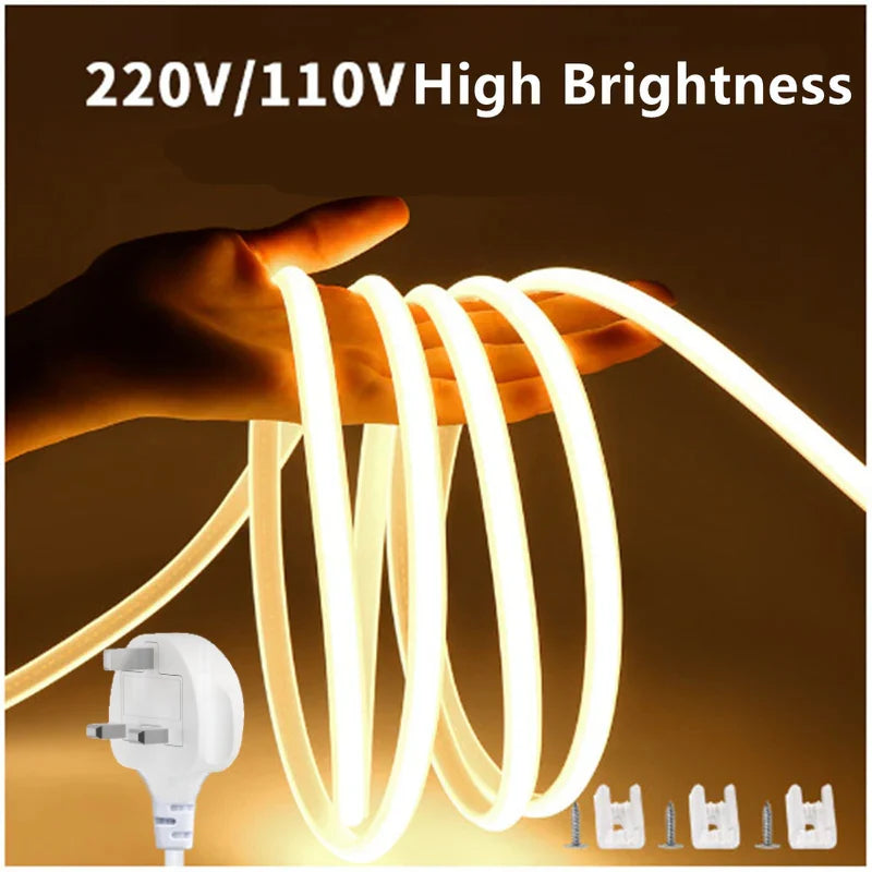 AC110V / 220V COB Flexible LED Strip Light - US / EU Plug | Inline Power Switch | 3000K / 6500K | IP65 Waterproof | Spotless High Brightness | for Cabinets, Kitchen & Office Lighting | 50/500M