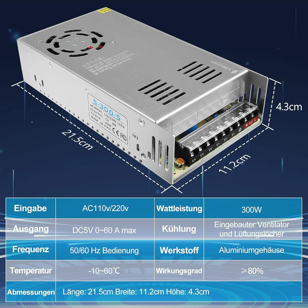 DC 5V 10W–300W Industrial Switching Power Supplies, AC 110/220V Input, LED Strip Driver Transformer, Industrial Metal Case with Terminals, CE/FCC/RoHS Certified, 300W with Cooling Fan