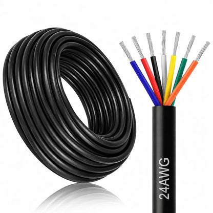 24 AWG 6/7/8 Conductor PVC Control Cable, Black/White Industrial Flexible Wire for Signal & Control Systems – 50m / 500m