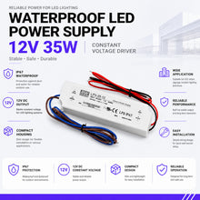 MEANWELL LPV Series 12V IP67 Waterproof Switching Power Supply, 35W–150W, AC90-264V Input, UL/CE Certified, Plastic Housing, Outdoor Lighting Projects, 1-Pack / 10-Pack