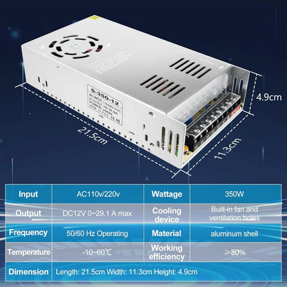 DC 12V/24V 350W–600W Industrial Switching Power Supplies, AC 110/220V Input, High Power LED Driver Transformer, Cooling Fan Metal Case, CE/FCC/RoHS Certified