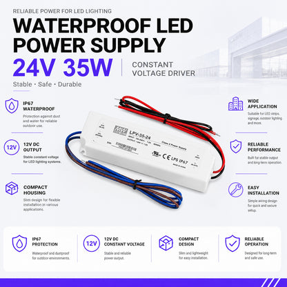 MEANWELL LPV Series 24V IP67 Waterproof Switching Power Supply, 35W–150W, AC90-264V Input, UL/CE Certified, Plastic Housing, Outdoor Lighting Projects, 1-Pack / 10-Pack