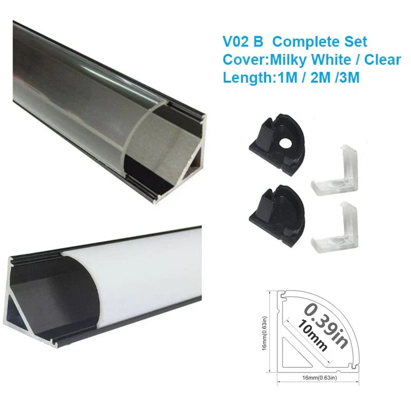 V Shape LED Channel - V02-B 10mm Silver / Black Aluminum Profile | Milky White Cover | Standard LED Mounting Channel – 1m / 2m / 3m | 50 / 100-Pack