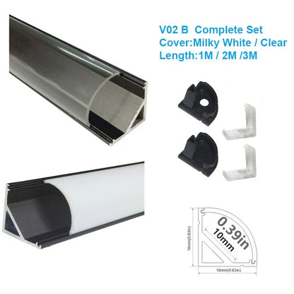 V Shape LED Channel - V02-B 10mm Silver / Black Aluminum Profile | Milky White Cover | Standard LED Mounting Channel – 1m / 2m / 3m | 50 / 100-Pack