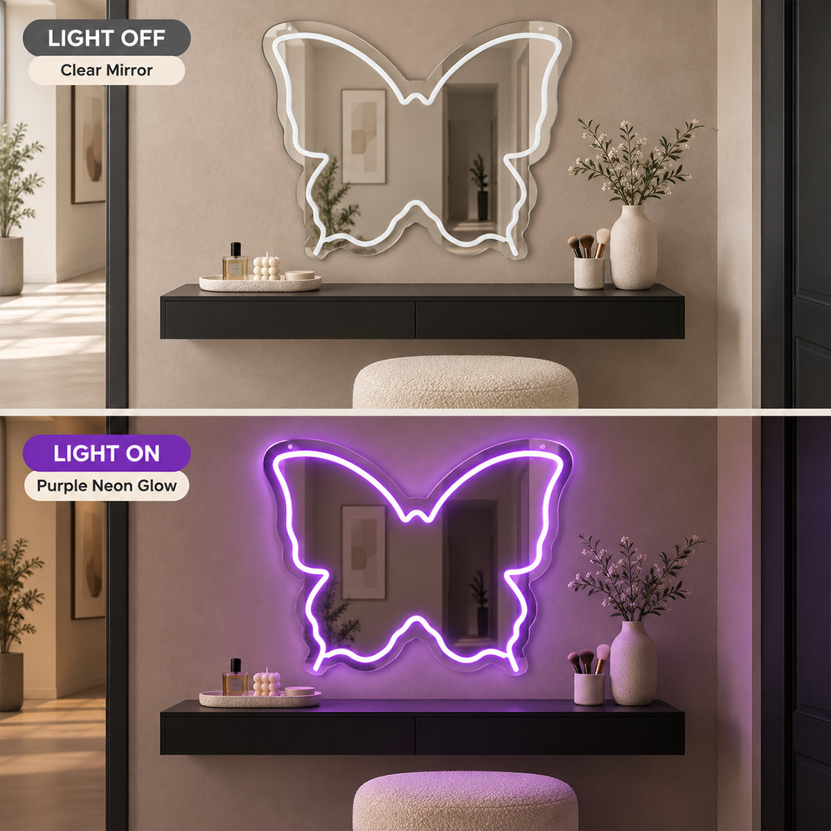 Purple Butterfly LED Vanity Signs – 15.7×12 inch  Neon Outline | USB Powered | Perfect for Vanity Decor
