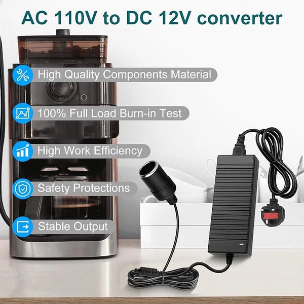 AC 100–240V Input LED Power Adapter Cigarette Lighter Converter Transformer 60W–120W DC 12V with UK Plug for Car Accessories, Tire Inflators, Portable Coolers, Car Vacuum Cleaners and Automotive Equipment, 1-Pack/10-Pack