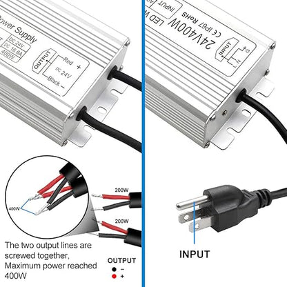 400W Outdoor Waterproof Power Supplies, 12V/24V Output, 90-140V / 175-265V Input, Dual Output, Aluminum Housing, Outdoor Lighting Projects, CE/RoHS/FCC Certified, US/UK/EU Plug, 1-Pack / 10-Pack