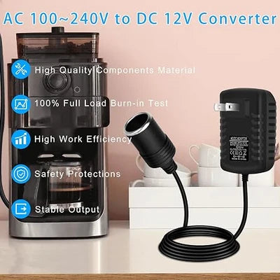 DC 12V Cigarette Lighter Power Supply Adapter 12W–36W, AC 100–240V Input Converter Transformer with US Plug - for Car Accessories, Pumps, Coolers and LED Lights