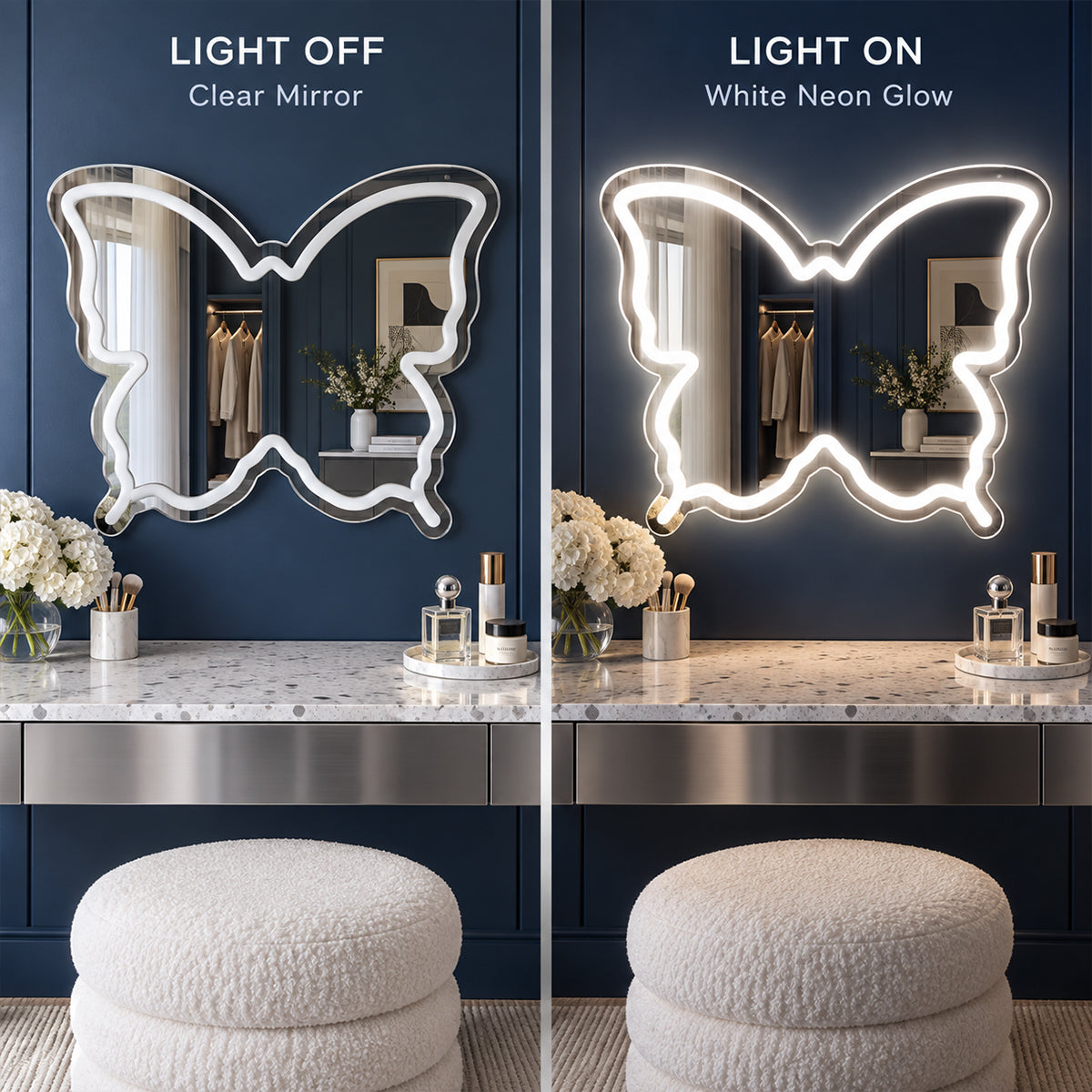 White Butterfly LED Vanity Signs – 15.7×12 inch  Neon Outline | USB Powered | Perfect for Vanity Decor
