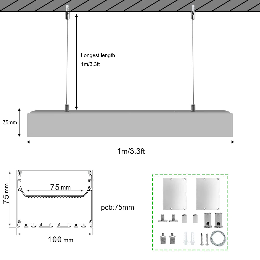 Wide Pendant LED Aluminum Profile Light H10075B – 75mm Inner Width | Silver Housing | Milky White Cover | With Installation Accessories | Suspension Mounting Linear Office Lighting | 1m / 2m Length | 10 / 20-Pack