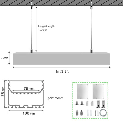 Wide Pendant LED Aluminum Profile Light H10075B – 75mm Inner Width | Silver Housing | Milky White Cover | With Installation Accessories | Suspension Mounting Linear Office Lighting | 1m / 2m Length | 10 / 20-Pack