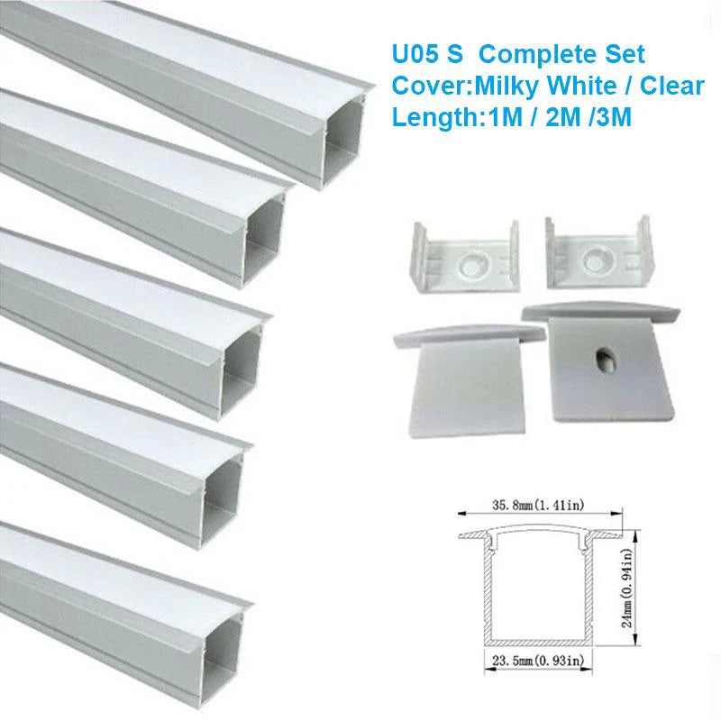 U Shape LED Channel - U05-A 20mm Silver / Black Aluminum Profile | Milky White Cover | Heavy-Duty LED Mounting Track – 1m / 2m / 3m | 50 / 100-Pack