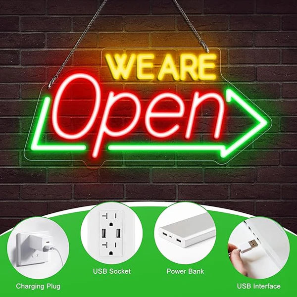 Bright Open Signs for Business, 16.1"X 7.8" Dimmable Open Sign Powered by USB, Red&Green&Yellow Christmas Neon LED Sign, We Are Open Sign for Door Windows