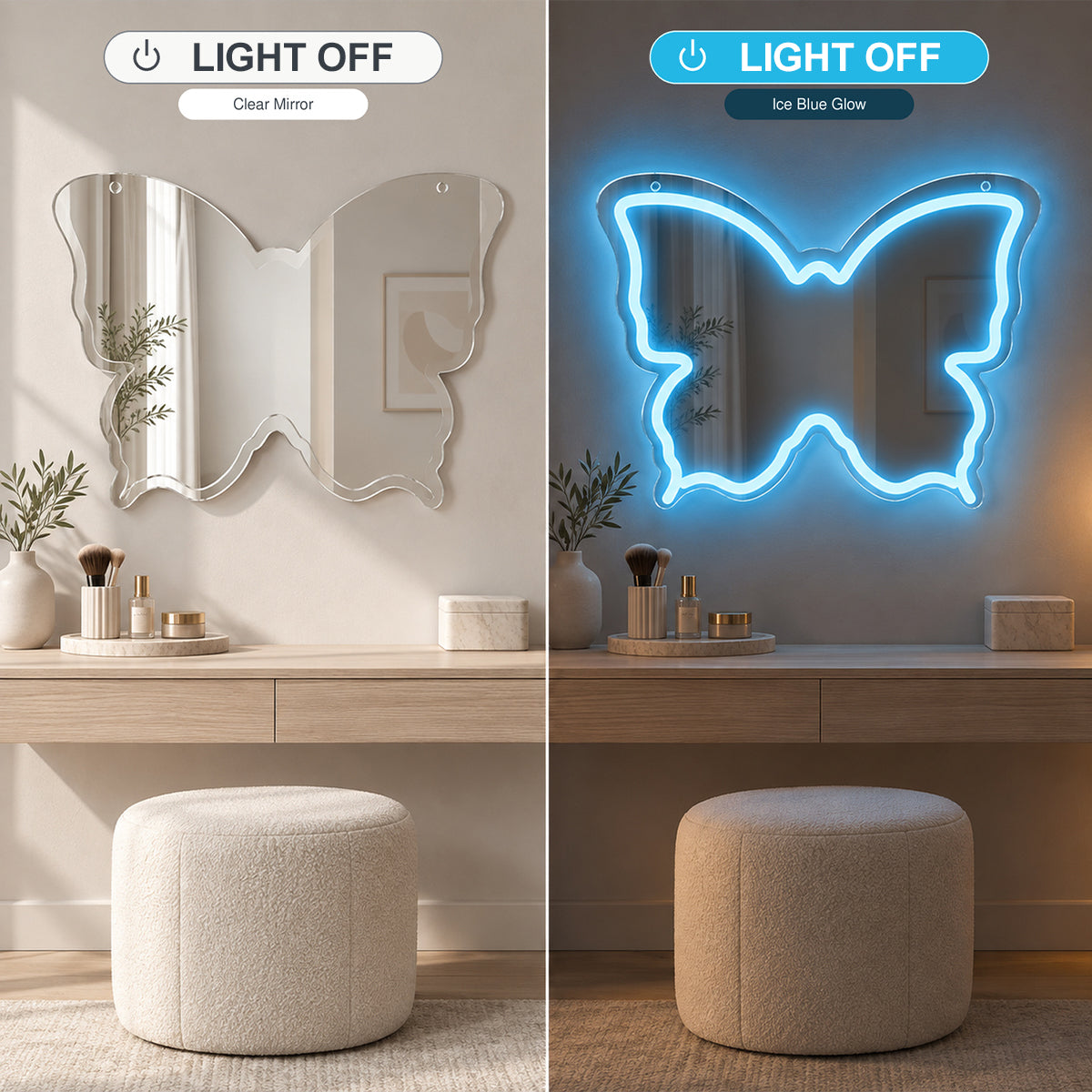 Ice Blue Butterfly LED Vanity Signs – 15.7×12 inch  Neon Outline | USB Powered | Perfect for Vanity Decor