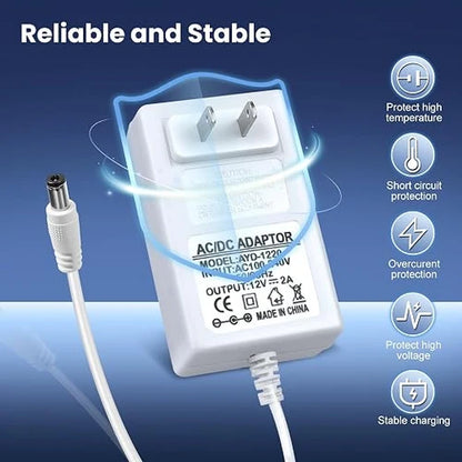 DC 12V Wall Plug LED Adapter with On/Off Switch, 24W/36W Options, US Plug, White Housing, 100–240V AC Input Wall Plug LED Adapter - for LED Strip Lights and Electronic Devices