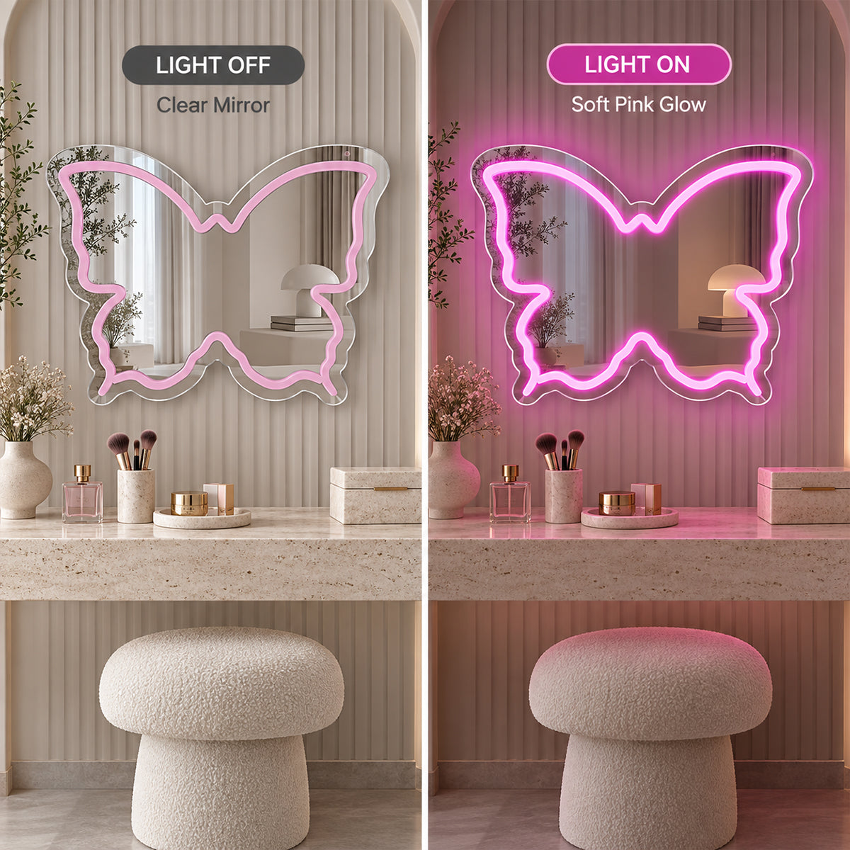 Pink Butterfly LED Vanity Signs – 15.7×12 inch  Neon Outline | USB Powered | Perfect for Vanity Decor