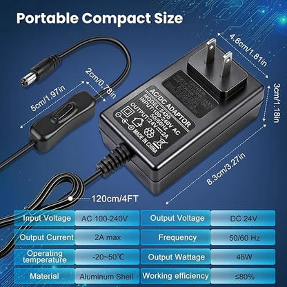 DC 24V Wall Plug LED Adapter with On/Off Switch, 48W/72W Options, US Plug, Black/White Housing, 100–240V AC Input Wall Plug LED Adapter - for LED Strip Lights and Electronics
