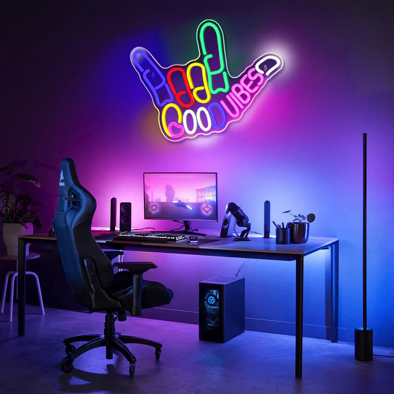 LightingWill "Good Vibes" Neon Sign – Dimmable LED Finger Light, USB Powered Wall Decor for Game Rooms, Bars, Weddings & More
