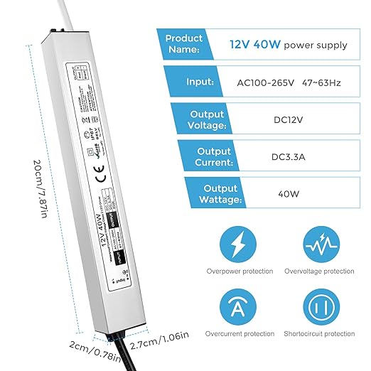 40W Outdoor Waterproof Power Supplies, 12V/24V Output, 90-265V Input, Single Output, Aluminum Housing, Outdoor Lighting Projects, CE/RoHS/FCC Certified, US/UK/EU Plug, 1-Pack / 10-Pack
