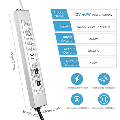 40W Outdoor Waterproof Power Supplies, 12V/24V Output, 90-265V Input, Single Output, Aluminum Housing, Outdoor Lighting Projects, CE/RoHS/FCC Certified, US/UK/EU Plug, 1-Pack / 10-Pack