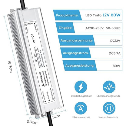 80W Outdoor Waterproof Power Supplies, 12V/24V/36V/48V Output, 90-265V Input, Single Output, Aluminum Housing, Outdoor Lighting Projects, CE/RoHS/FCC Certified, US/UK/EU Plug, 1-Pack / 10-Pack