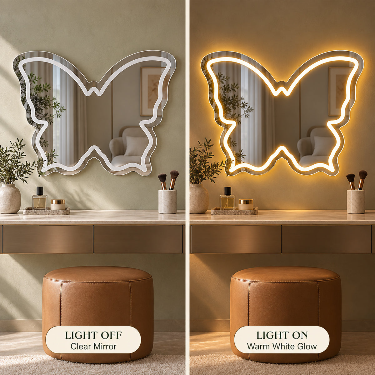Warm White Butterfly LED Vanity Signs – 15.7×12 inch  Neon Outline | USB Powered | Perfect for Vanity Decor