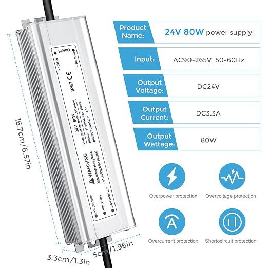 80W Outdoor Waterproof Power Supplies, 12V/24V/36V/48V Output, 90-265V Input, Single Output, Aluminum Housing, Outdoor Lighting Projects, CE/RoHS/FCC Certified, US/UK/EU Plug, 1-Pack / 10-Pack