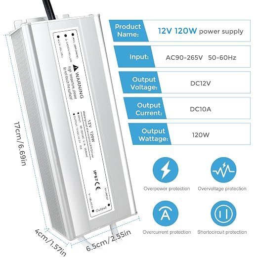 120W Outdoor Waterproof Power Supplies, 12V/24V/36V/48V Output, 90-265V / 90-140V / 175-265V Input, Single Output, Aluminum Housing, Outdoor Lighting Projects, CE/RoHS/FCC Certified, US/UK/EU Plug, 1-Pack / 10-Pack