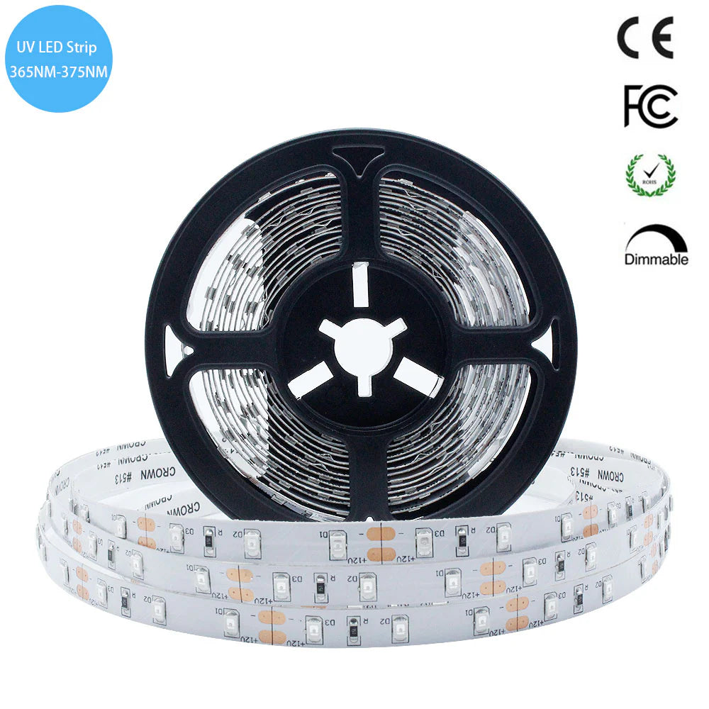 365–370nm SMD2835 UV LED Strip Light – 16.4FT / 5M / 10M | 60 / 120 / 240 LEDs/m | DC12V | Non-Waterproof / IP67 Waterproof | Adapter Not Included | UV Lighting for Resin Work, Fluorescent Effects & Visual Accent