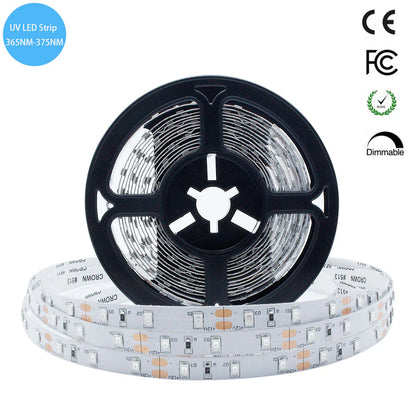 365–370nm SMD2835 UV LED Strip Light – 16.4FT / 5M / 10M | 60 / 120 / 240 LEDs/m | DC12V | Non-Waterproof / IP67 Waterproof | Adapter Not Included | UV Lighting for Resin Work, Fluorescent Effects & Visual Accent