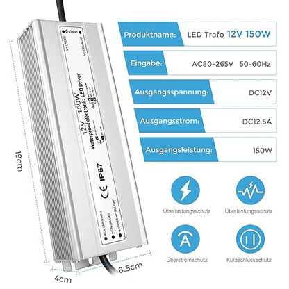 150W Outdoor Waterproof Power Supplies, 12V/24V/36V/48V Output, 90-265V / 90-140V / 175-265V Input, Single Output, Aluminum Housing, Outdoor Lighting Projects, CE/RoHS/FCC Certified, US/UK/EU Plug, 1-Pack / 10-Pack