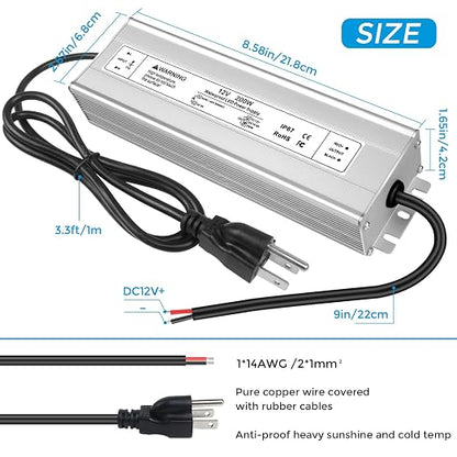 200W Outdoor Waterproof Power Supplies, 12V/24V/36V/48V Output, 90-140V / 175-265V Input, Single Output, Aluminum Housing, Outdoor Lighting Projects, CE/RoHS/FCC Certified, US/UK/EU Plug, 1-Pack / 10-Pack