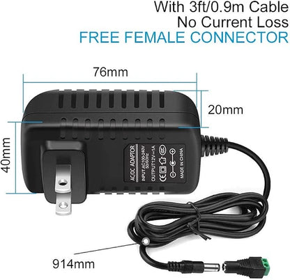12V Wall Plug LED Adapter 12W/24W, AC 100–240V Input Black Wall Plug LED Adapter with UK Plug - for LED Strip Lights, CCTV and Electronics
